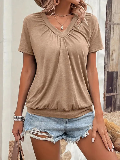 V Ausschnitt T Shirt Damen | Gerafftes Oberteil mit Elastischem Bund