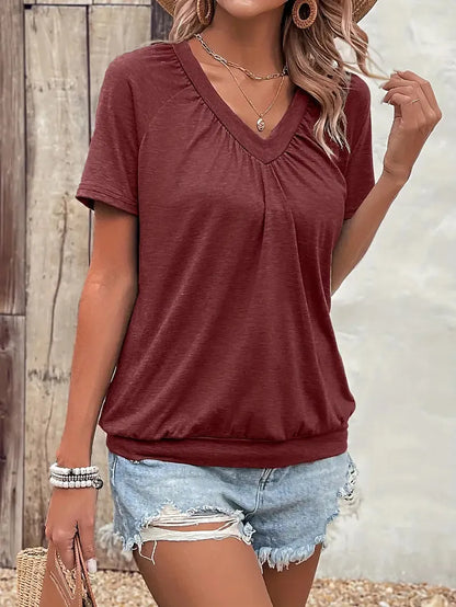 V Ausschnitt T Shirt Damen | Gerafftes Oberteil mit Elastischem Bund