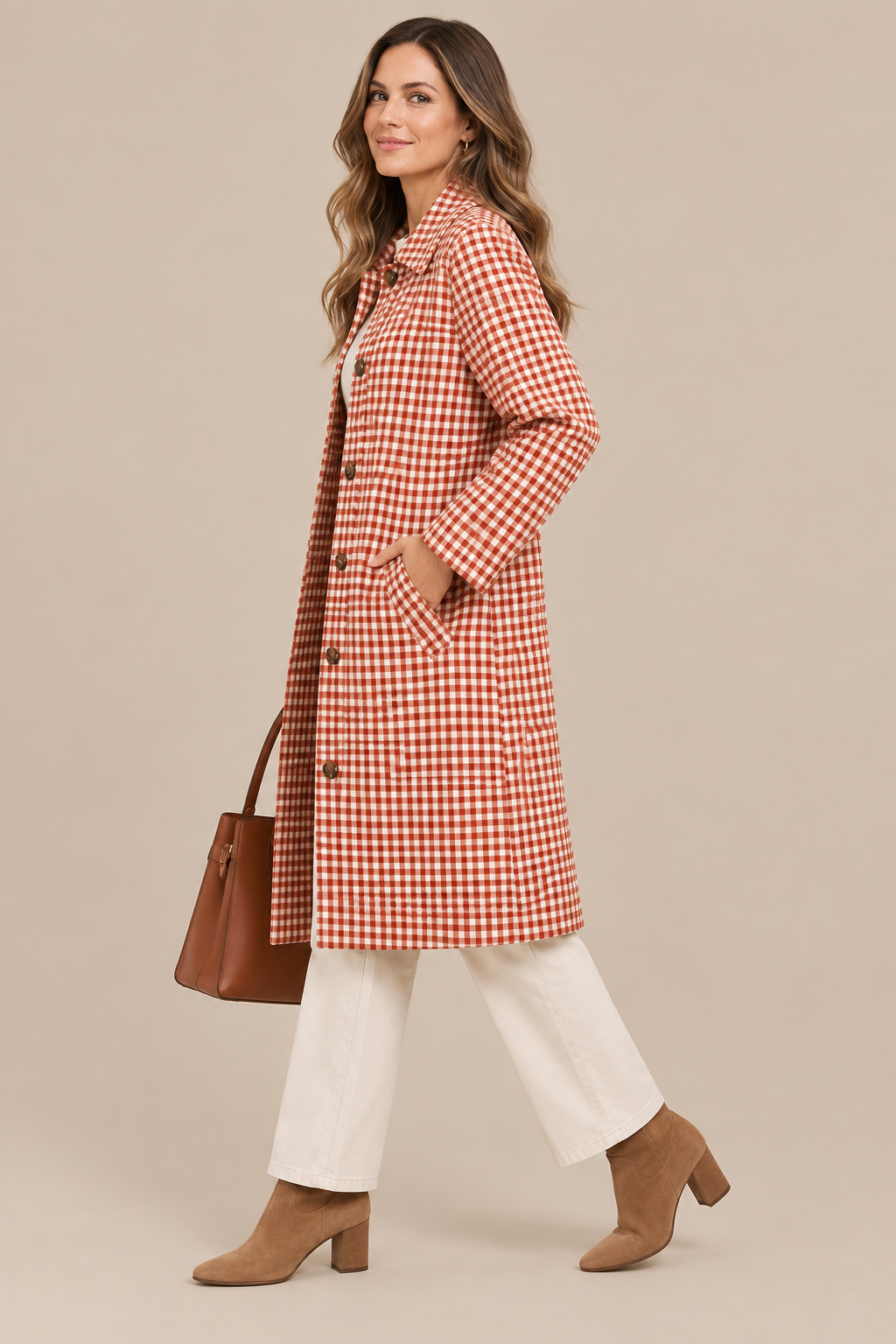 Vena | Trenchcoat Damen Lang mit Karomuster