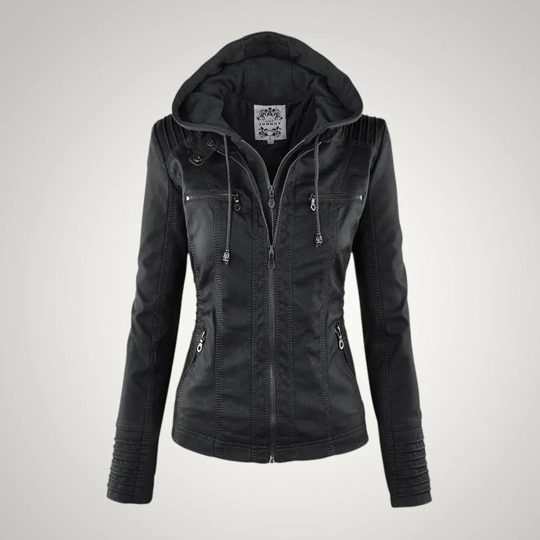 Vivienne | Damen Taillierte Faux Lederjacke mit Kapuzen
