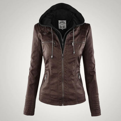 Vivienne | Damen Taillierte Faux Lederjacke mit Kapuzen