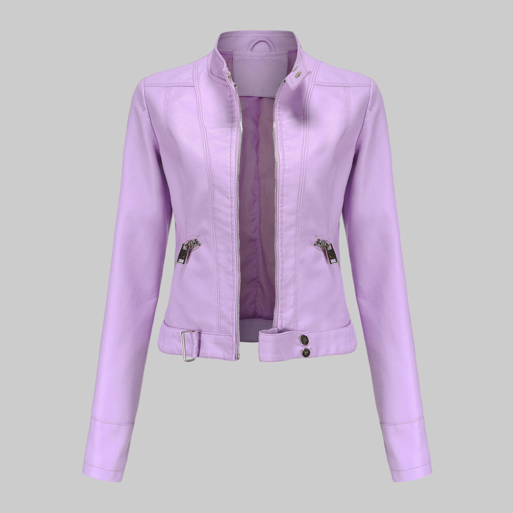 Mera | Damen Elegante Faux Leder Bikerjacke mit Gürtel