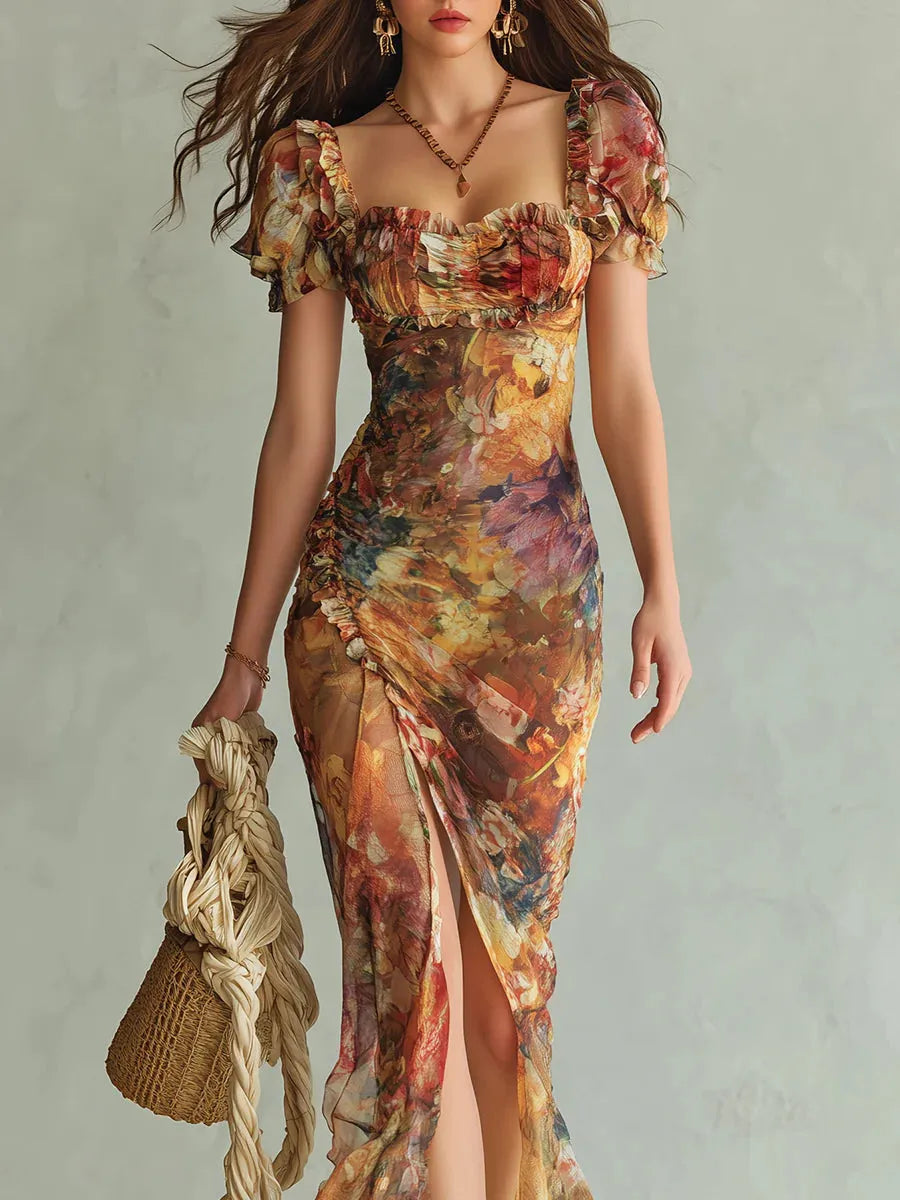 Natalie | Damen Casual Geblümtes Chiffon Maxikleid