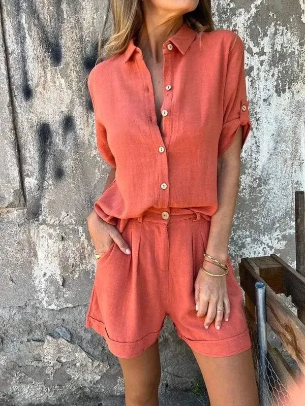 Zweiteiler Set Damen | Leinen-Hemd & Shorts im Sommer-Look