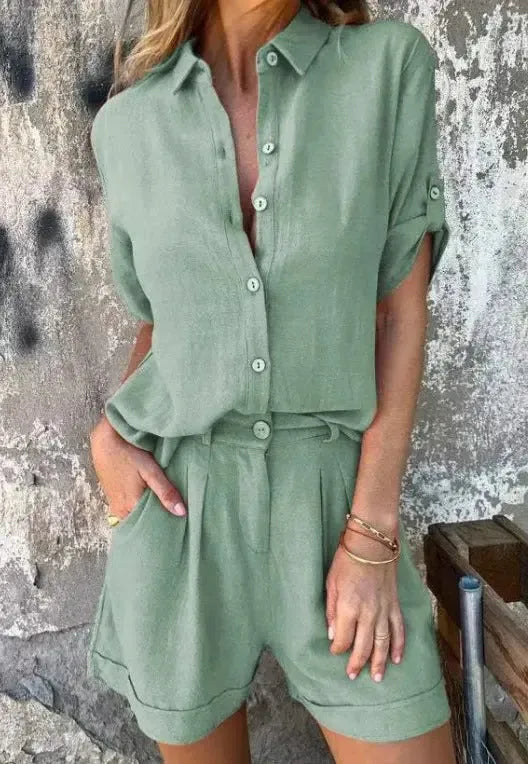Zweiteiler Set Damen | Leinen-Hemd & Shorts im Sommer-Look