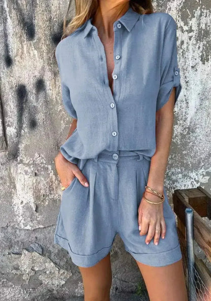 Zweiteiler Set Damen | Leinen-Hemd & Shorts im Sommer-Look