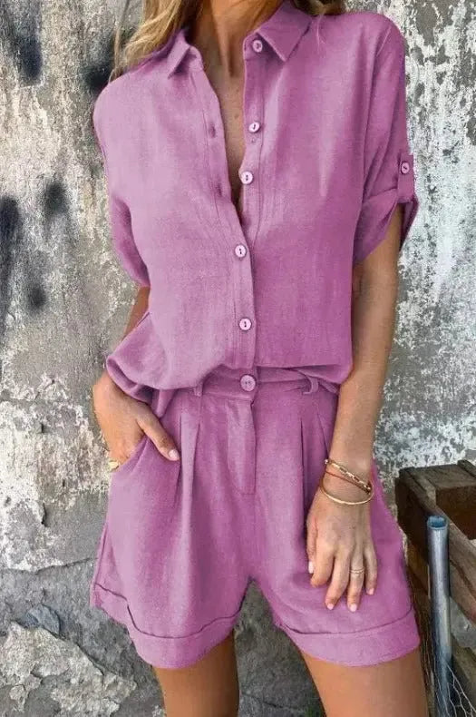 Zweiteiler Set Damen | Leinen-Hemd & Shorts im Sommer-Look
