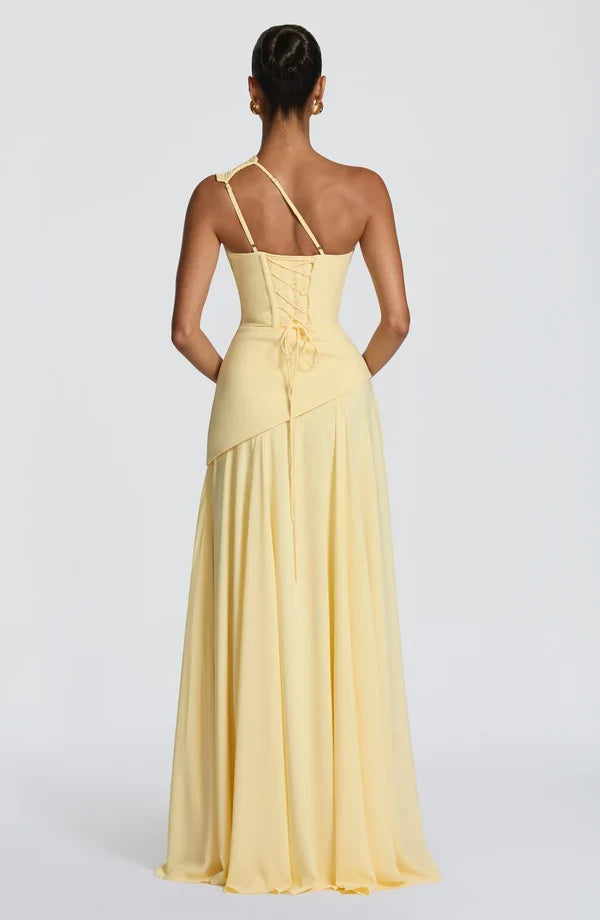 Kim | Damen Elegantes One-Shoulder Maxikleid mit Wickeldesign