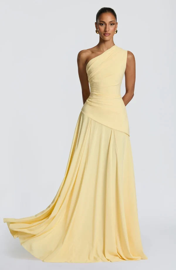 Kim | Damen Elegantes One-Shoulder Maxikleid mit Wickeldesign