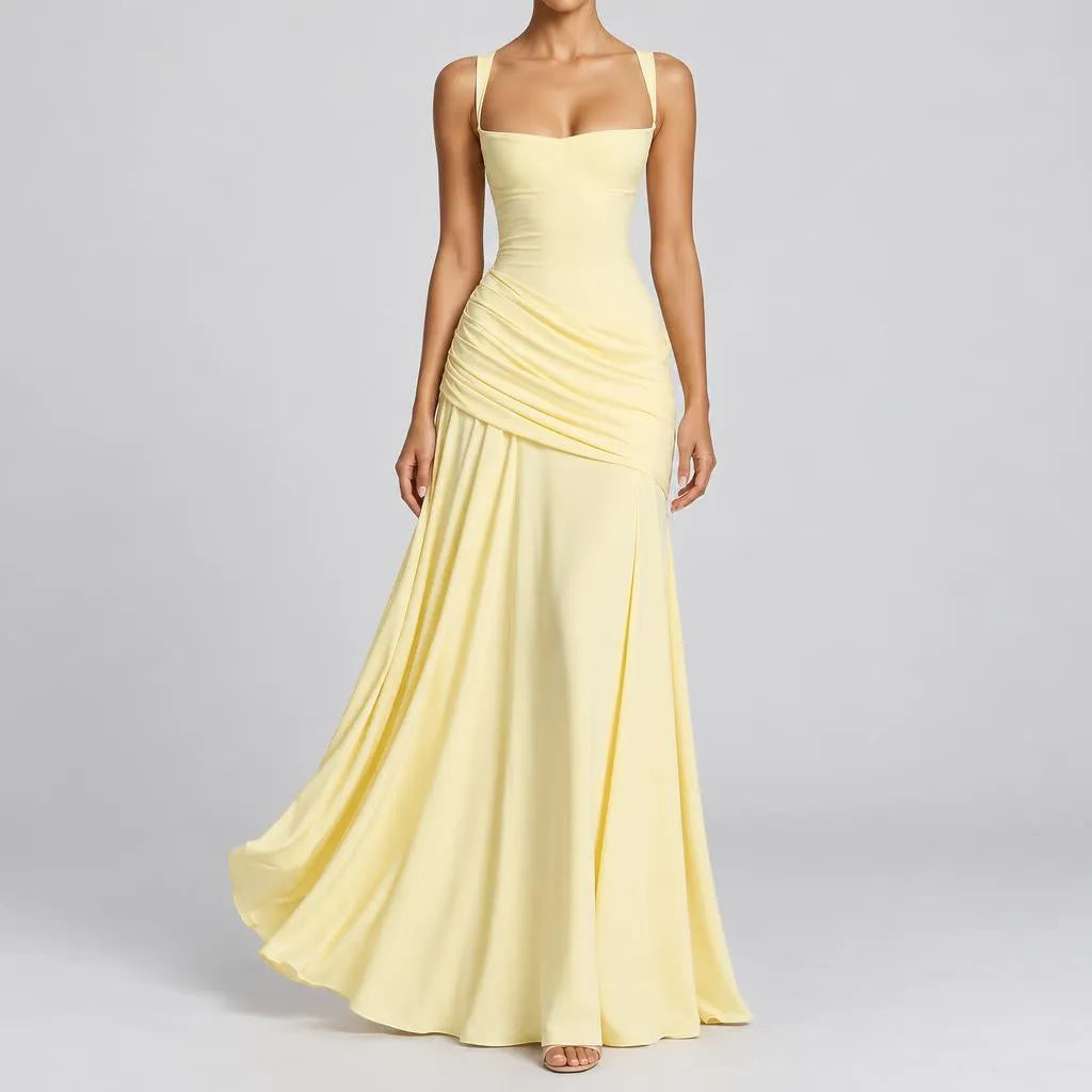 Leonie | Damen Elegantes Maxi Trägerkleid mit Raffung