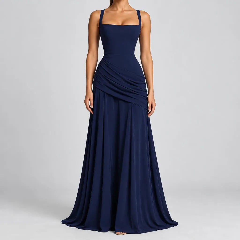 Leonie | Damen Elegantes Maxi Trägerkleid mit Raffung