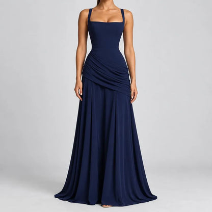 Leonie | Damen Elegantes Maxi Trägerkleid mit Raffung