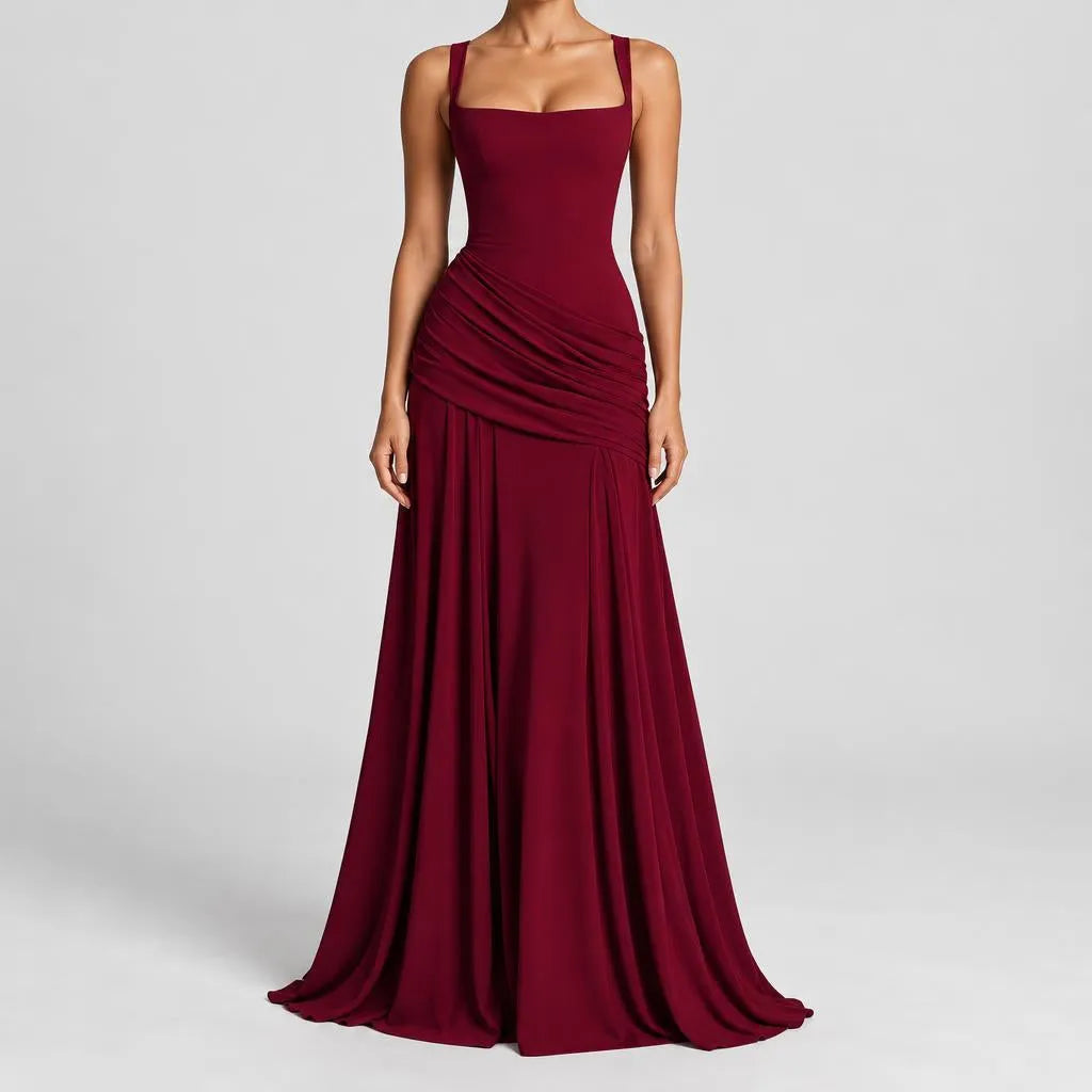 Leonie | Damen Elegantes Maxi Trägerkleid mit Raffung
