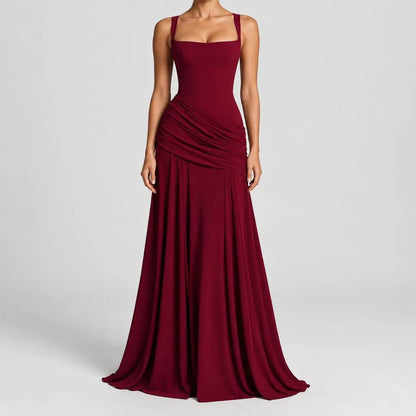 Leonie | Damen Elegantes Maxi Trägerkleid mit Raffung