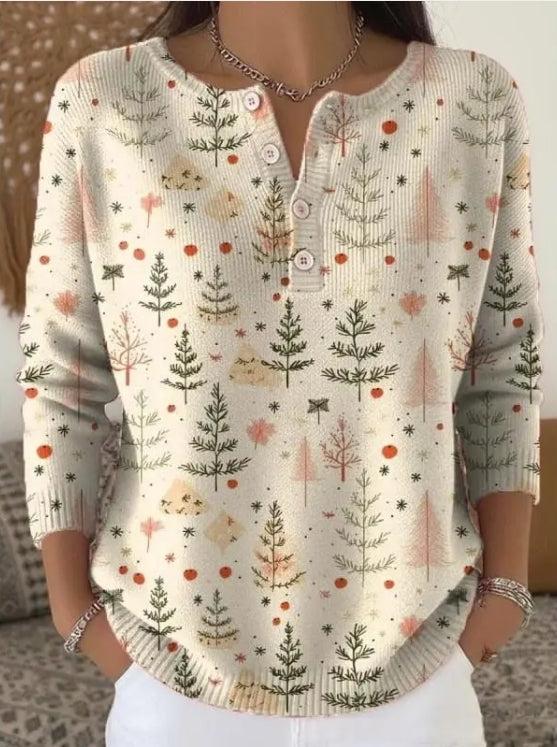 Cecile | Damen Weihnachts Henley Shirt mit Knöpfen