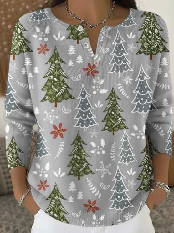 Cecile | Damen Weihnachts Henley Shirt mit Knöpfen