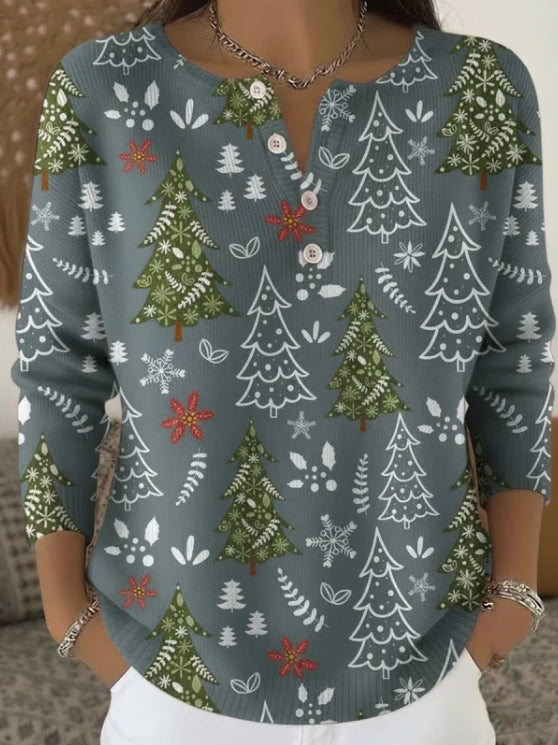 Cecile | Damen Weihnachts Henley Shirt mit Knöpfen