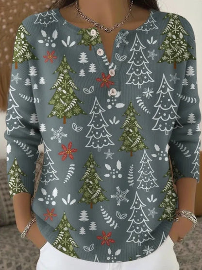 Cecile | Damen Weihnachts Henley Shirt mit Knöpfen