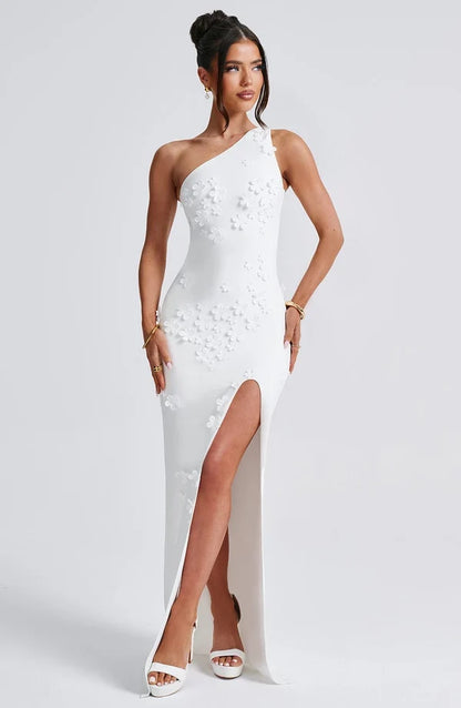 Rosalie | Damen Elegantes Asymmetrisches Maxikleid mit 3D-Blüten