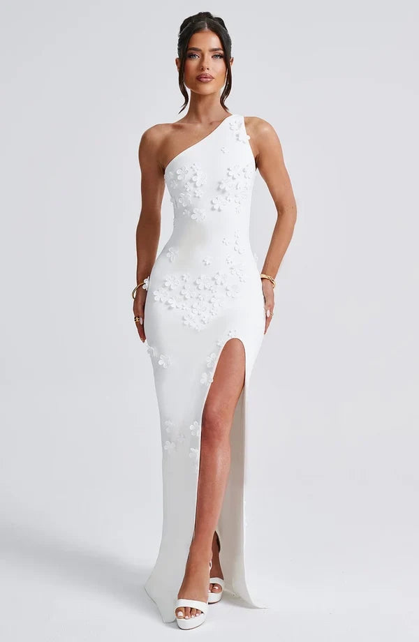 Rosalie | Damen Elegantes Asymmetrisches Maxikleid mit 3D-Blüten