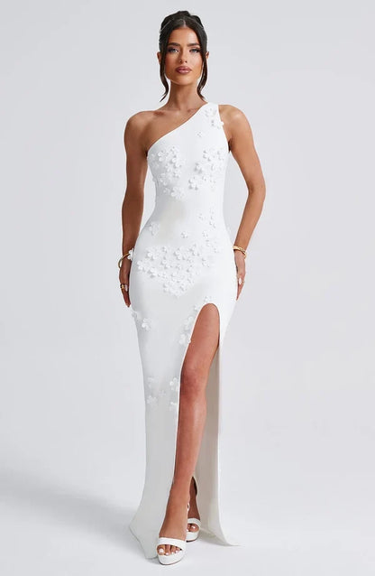 Rosalie | Damen Elegantes Asymmetrisches Maxikleid mit 3D-Blüten