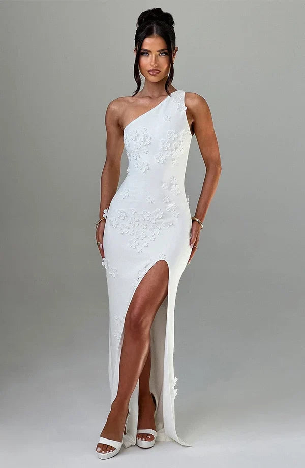 Rosalie | Damen Elegantes Asymmetrisches Maxikleid mit 3D-Blüten