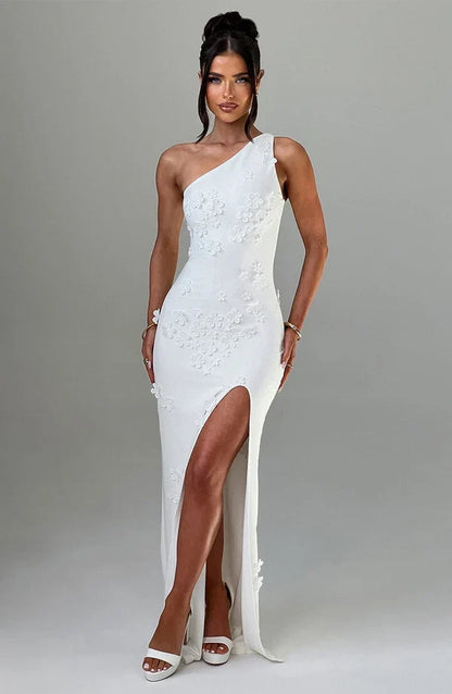 Rosalie | Damen Elegantes Asymmetrisches Maxikleid mit 3D-Blüten