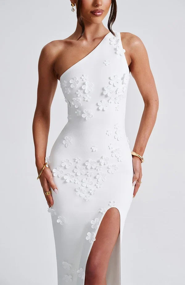 Rosalie | Damen Elegantes Asymmetrisches Maxikleid mit 3D-Blüten