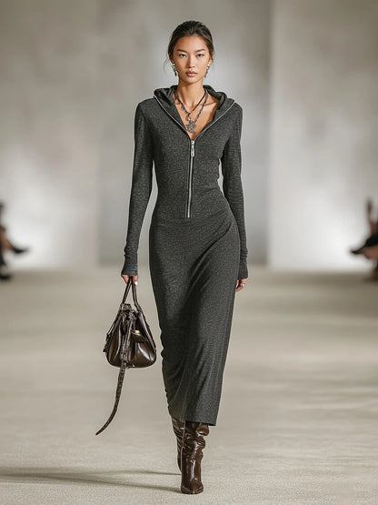 Evelyne | Damen Lässiges Kapuzen Zip Maxikleid