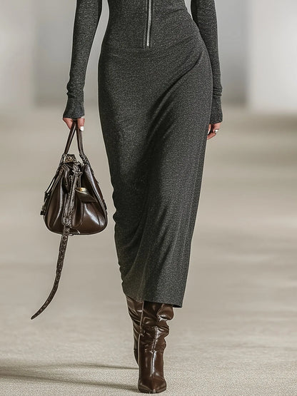 Evelyne | Damen Lässiges Kapuzen Zip Maxikleid