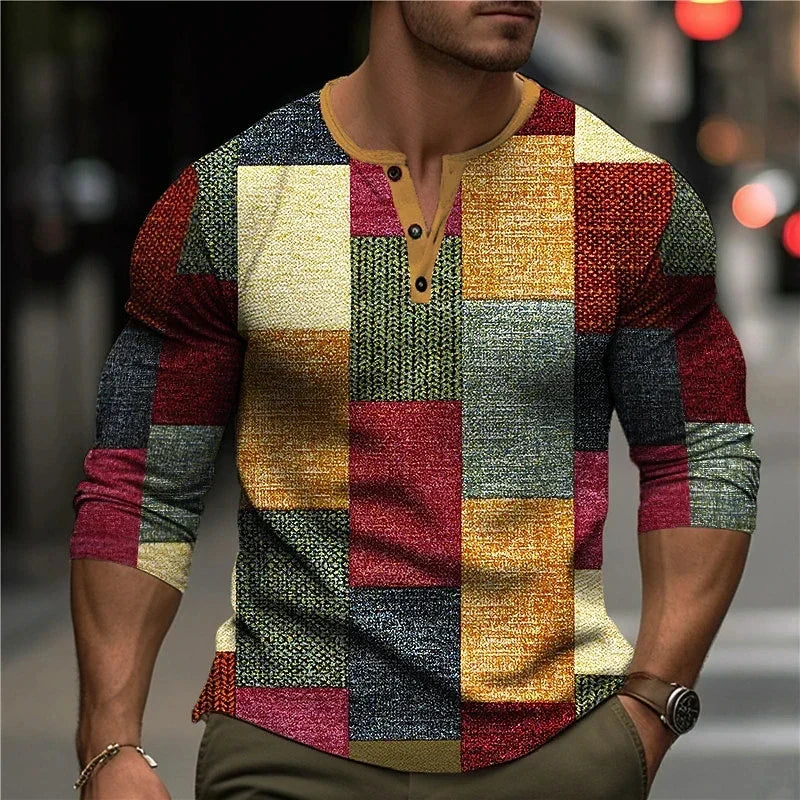 Herren Patchwork Henley Hemd | Dreiviertelärmel