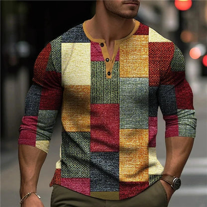 Herren Patchwork Henley Hemd | Dreiviertelärmel