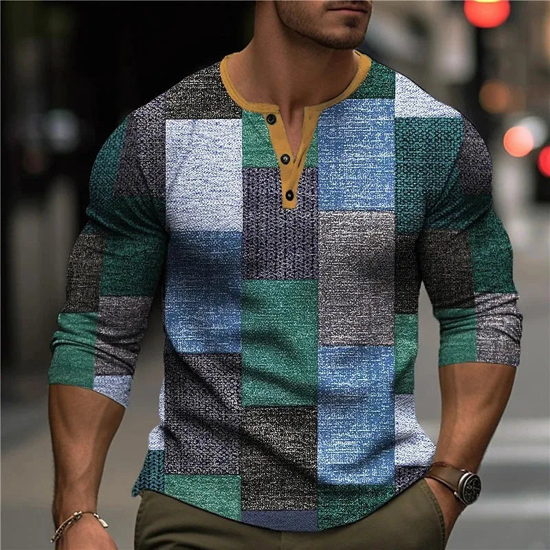Herren Patchwork Henley Hemd | Dreiviertelärmel