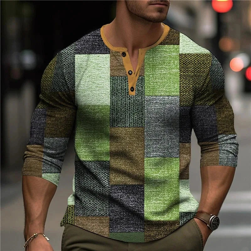 Herren Patchwork Henley Hemd | Dreiviertelärmel