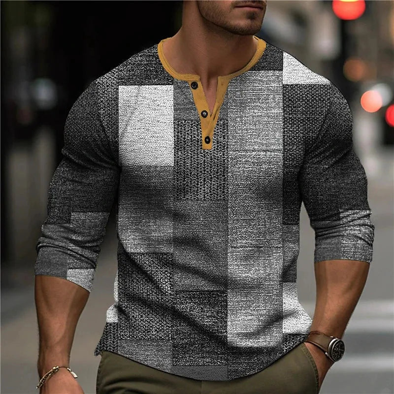 Herren Patchwork Henley Hemd | Dreiviertelärmel