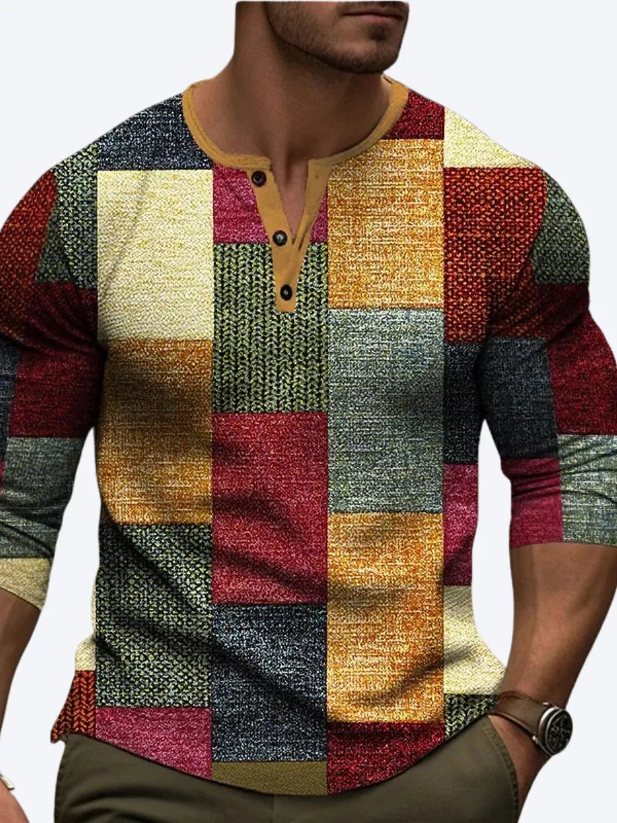 Herren Patchwork Henley Hemd | Dreiviertelärmel