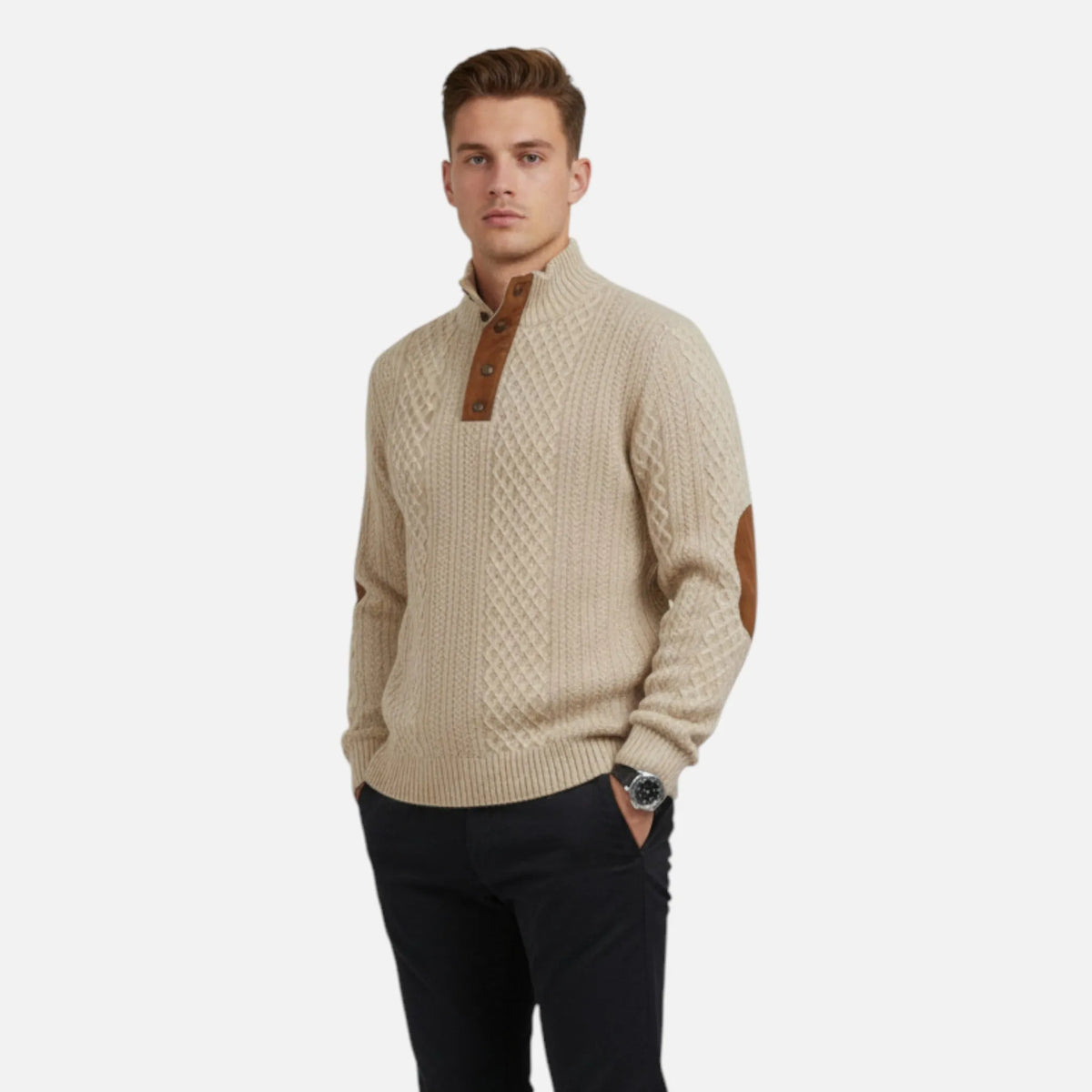 Herren Zopfmuster Strickpullover | Knopfkragen