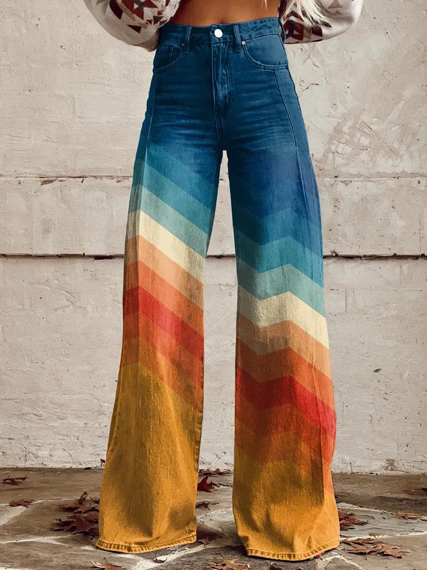 Edith | Damen Modische Vintage Bedruckte Schlagjeans