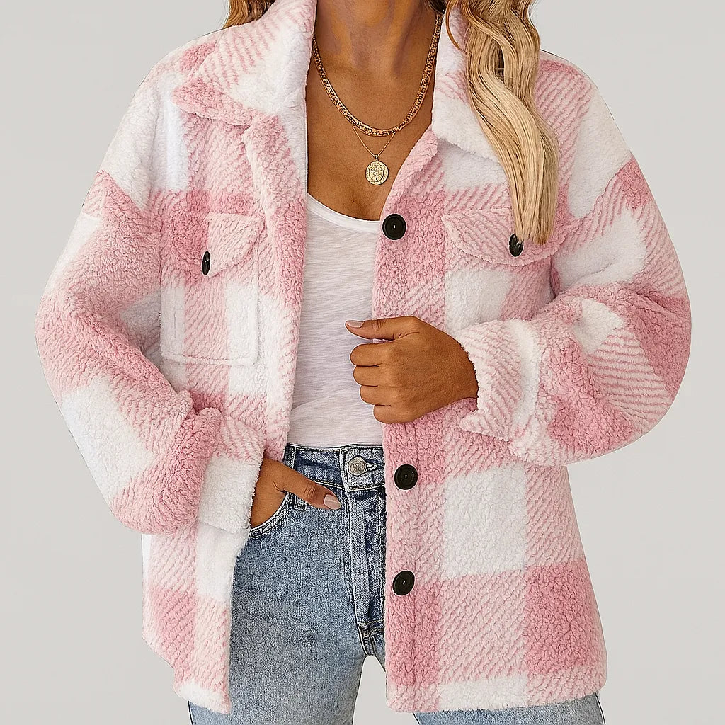 Lorena | Damen Karierte Kuschelige Jacke mit Knöpfen