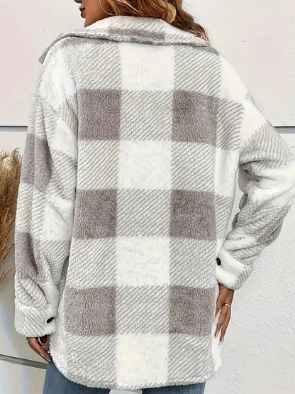 Lorena | Damen Karierte Kuschelige Jacke mit Knöpfen