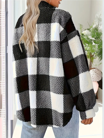 Lorena | Damen Karierte Kuschelige Jacke mit Knöpfen