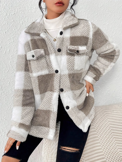 Lorena | Damen Karierte Kuschelige Jacke mit Knöpfen
