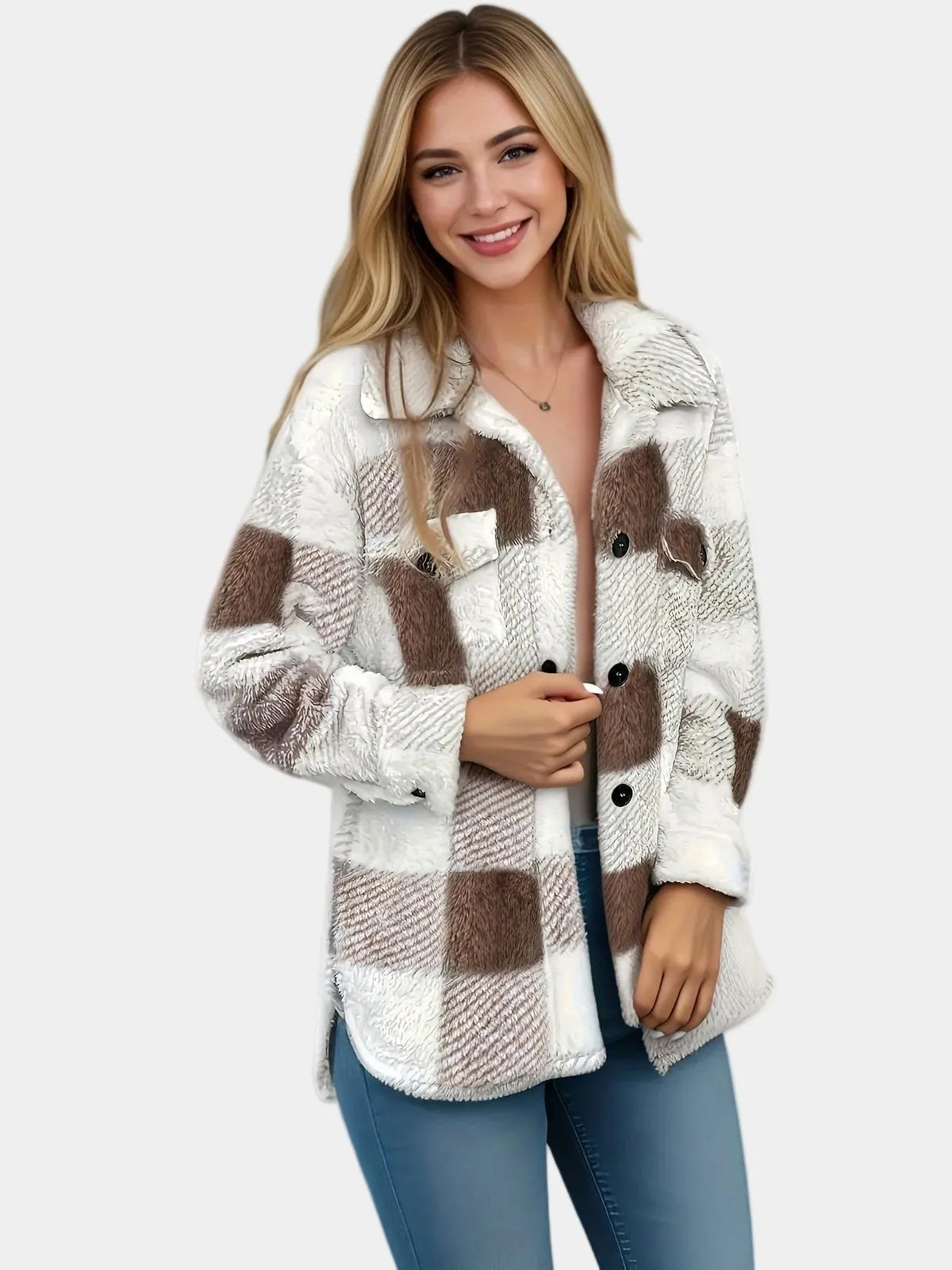 Lorena | Damen Karierte Kuschelige Jacke mit Knöpfen