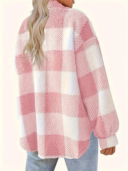 Lorena | Damen Karierte Kuschelige Jacke mit Knöpfen