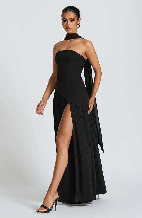 Selina | Damen Elegantes Tailliertes Maxikleid mit asymmetrischem Saum