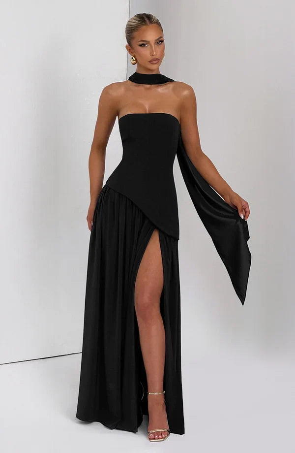 Selina | Damen Elegantes Tailliertes Maxikleid mit asymmetrischem Saum