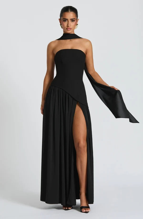 Selina | Damen Elegantes Tailliertes Maxikleid mit asymmetrischem Saum