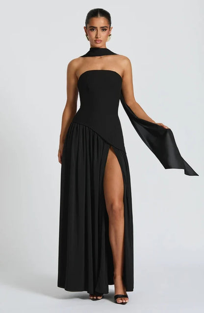 Selina | Damen Elegantes Tailliertes Maxikleid mit asymmetrischem Saum