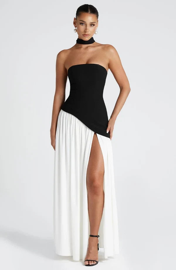 Selina | Damen Elegantes Tailliertes Maxikleid mit asymmetrischem Saum