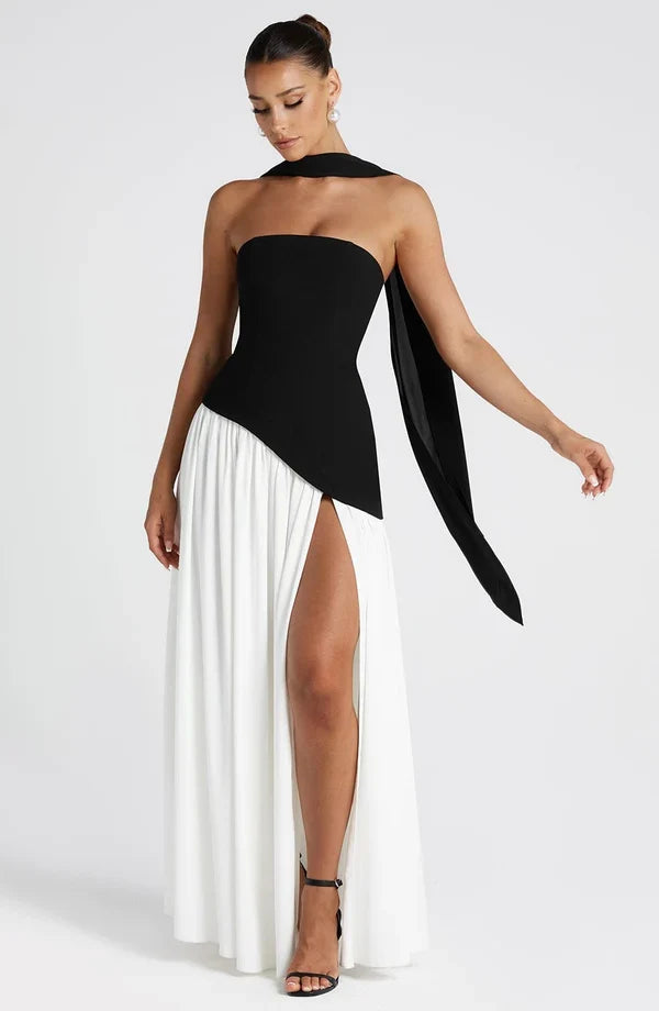 Selina | Damen Elegantes Tailliertes Maxikleid mit asymmetrischem Saum